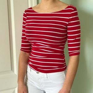 Women’s red and white striped mid-sleeve shirt
